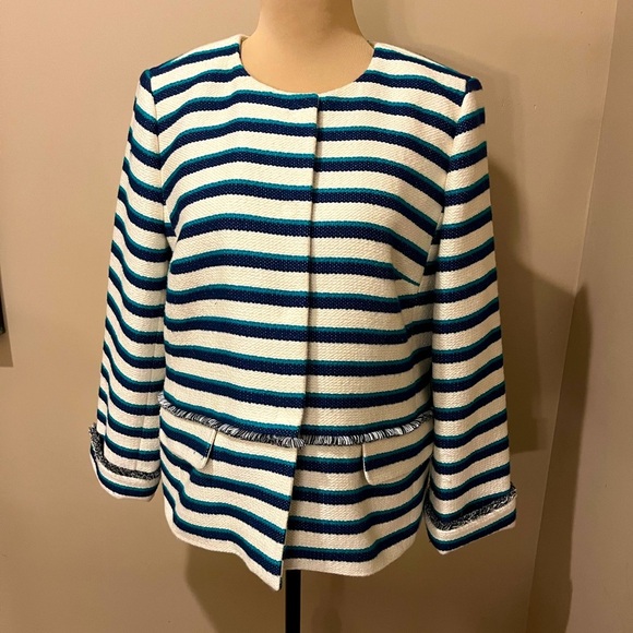 Talbots Stripe Tweed Fringe Jacket Career Blazer Nautical, size 10 - Picture 1 of 9